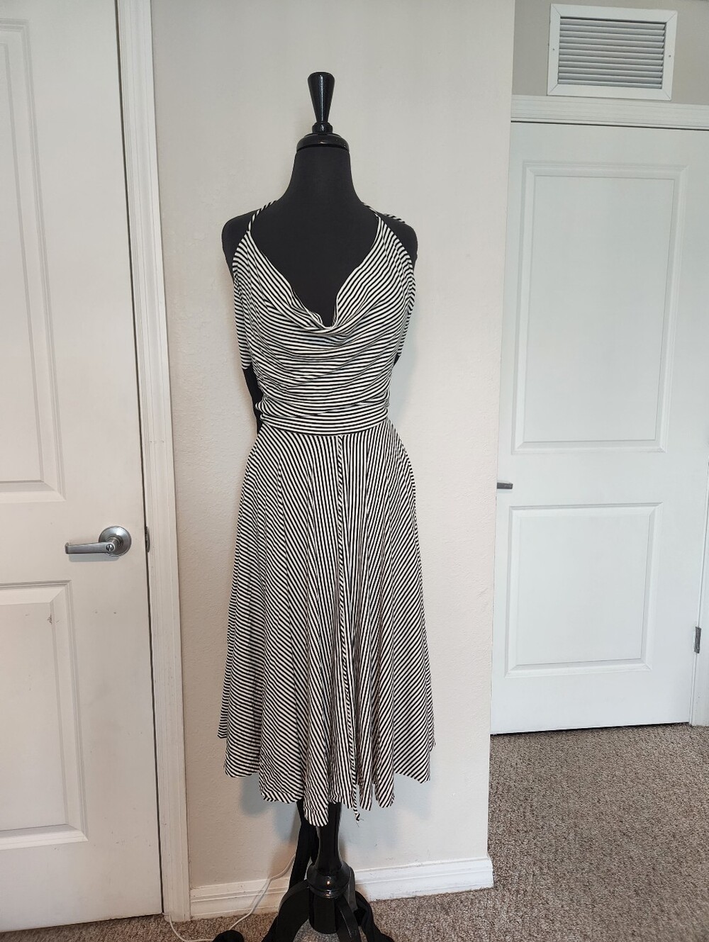 Striped Black and White Halter Midi Dress